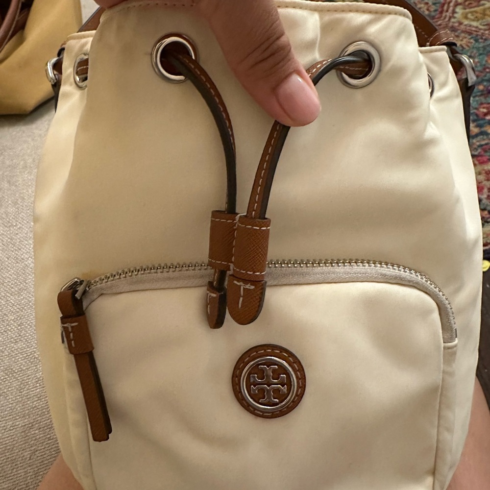 Tory Burch Cream and Brown Bucket Bag